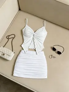 Women's Solid Color Knot Ruffle Halter Top and Pleated Skirt Set, Casual Everyday Fashion Chic Comfortable Half Dress Set, Summer Women's Clothing