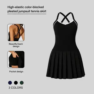 Women's Summervibes High-Stretch Contrast-Color Sports Dress Sleeveless Backless Yoga Gym Workout Dress with Shorts Pockets Casual Fashionable Tennis Dress Activewear Outdoor Fun