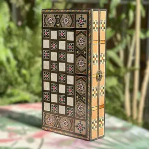 12" Backgammon Set and Chess Board from Lebanon- Handcrafted Checkers Game with Mother of Pearl Inlays and Wooden Chess Pieces Checkers Dice