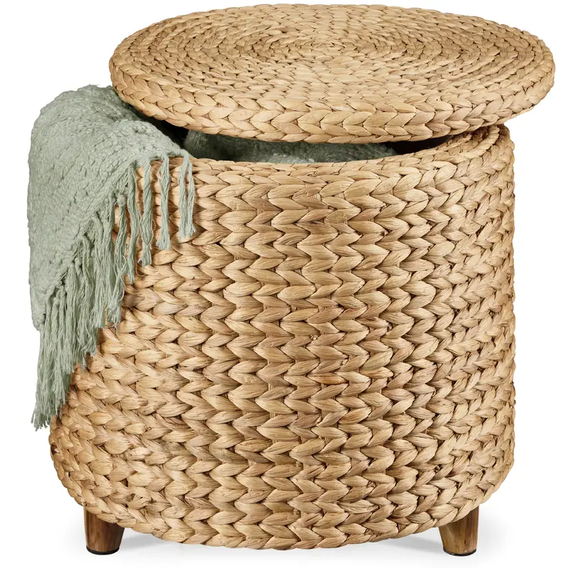 Best Choice Products 17 Round Storage Ottoman with Lid – Handwoven Water Hyacinth Modern Footstool"