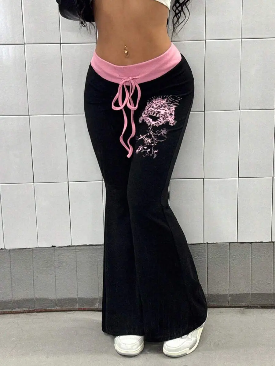 Women's LUNA LAYER Knitted Color Block Graphic Print Flare Pants - High Stretch Elastic Waist, Skinny-Inspired, Street Style Casual Trousers for Day Wear