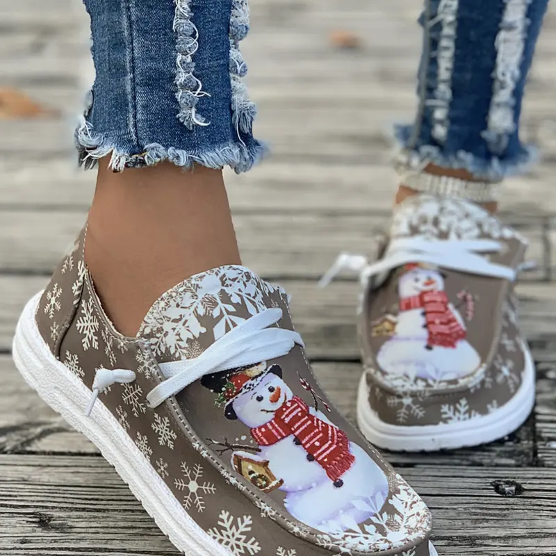 New Christmas Snowman Pattern Casual Low Top Women's Single Shoes, Lightweight Comfortable Textile Upper Rubber Sole, Spring & Fall, Slip On Shoes, Shoes Flats, Slip On Footwear