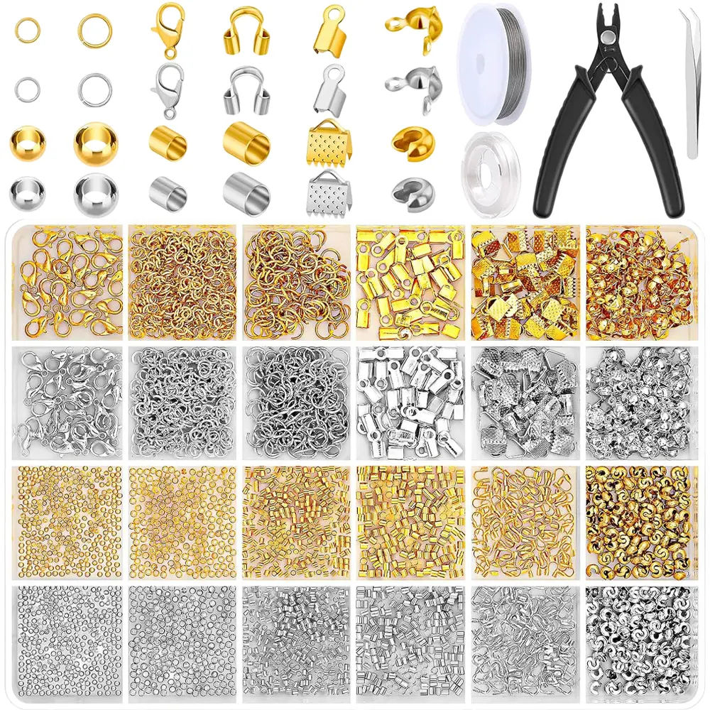 2384Pcs Crimp Beads Supplies for Jewelry Making, Including Crimp Bead Covers, Crimp Tubes, Bracelet Clasps and Closures, Crimp Ends, Jump Rings, Crimping Pliers and Beading Wire for Bracelets Making