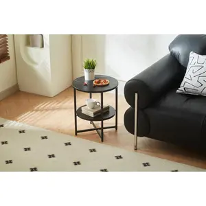 Small round side table,2 tiers farmhouse end table,accent tables for small spaces,night stands for bedrooms living room,coffee  tables with storage shelf,Black