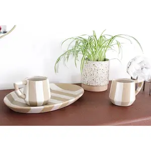 Oval Ceramic Platter - Striped Serving Plate Beige White Coastal Decor