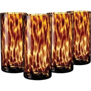 Collection Tortoise Shell Highball Glass Set of 4 – 14.54 oz Borosilicate Cocktail & Water Glasses – Durable, Lead-Free, Dishwasher Safe – Elegant Gift Packaging
