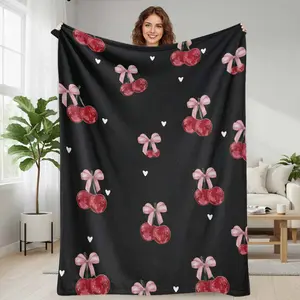 Cherry Bow Flannel Blanket  Red Cherry with Pink Ribbon and Heart Pattern  Ultra Soft Warm Cozy Throw for Bedroom  Sofa  Office  Travel  Gift  Romantic Decor  Home Comfort  Everyday Use