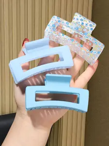 3pcs hollow rectangular large ladies back of the head coil hair clip, blue fresh jelly color transparent printing square claw clip, delicate and advanced sense of grip strong suitable for ladies daily use, Flower Hair Clip, Transparent Clips