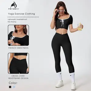 FENGBAY Women's Solid Color Crop Top & Leggings Tracksuit Set, Casual Fashion Cozy Breathable Two-piece Set Outfits for Yoga Gym Workout Running, Ladies Sportswear for Summer