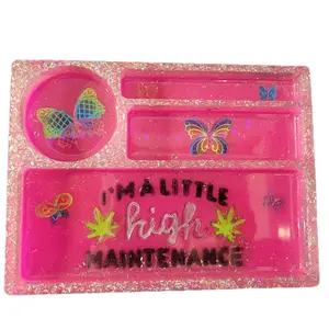 Custom Resin Art Tray with 'I'm a Little High Maintenance' Design & Colorful Butterflies Plates