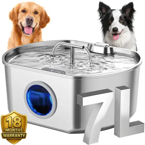 NEAREAL Food-Grade 304 Steel Automatic Water Bowl for Dogs - Auto Circulating Fountain with 7L (1.85 gal) Capacity, Dual-Flow Dual-Outlet, Natural Flow Design, <28db Pump, 4-Layer Hair & Food Filter, See-Level Window, 18-Month Warranty