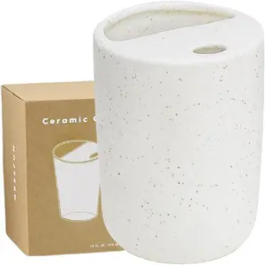 Ceramic Travel Coffee To Go Tumbler with Half Lid, 17oz   Coffee Cup with Sip-top Lid, Speckle White