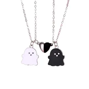 Black and White Dangling Ghost Charm Couple Magnetic Clavicle Necklace - Artificial Gemstone Jewelry for Casual Wear