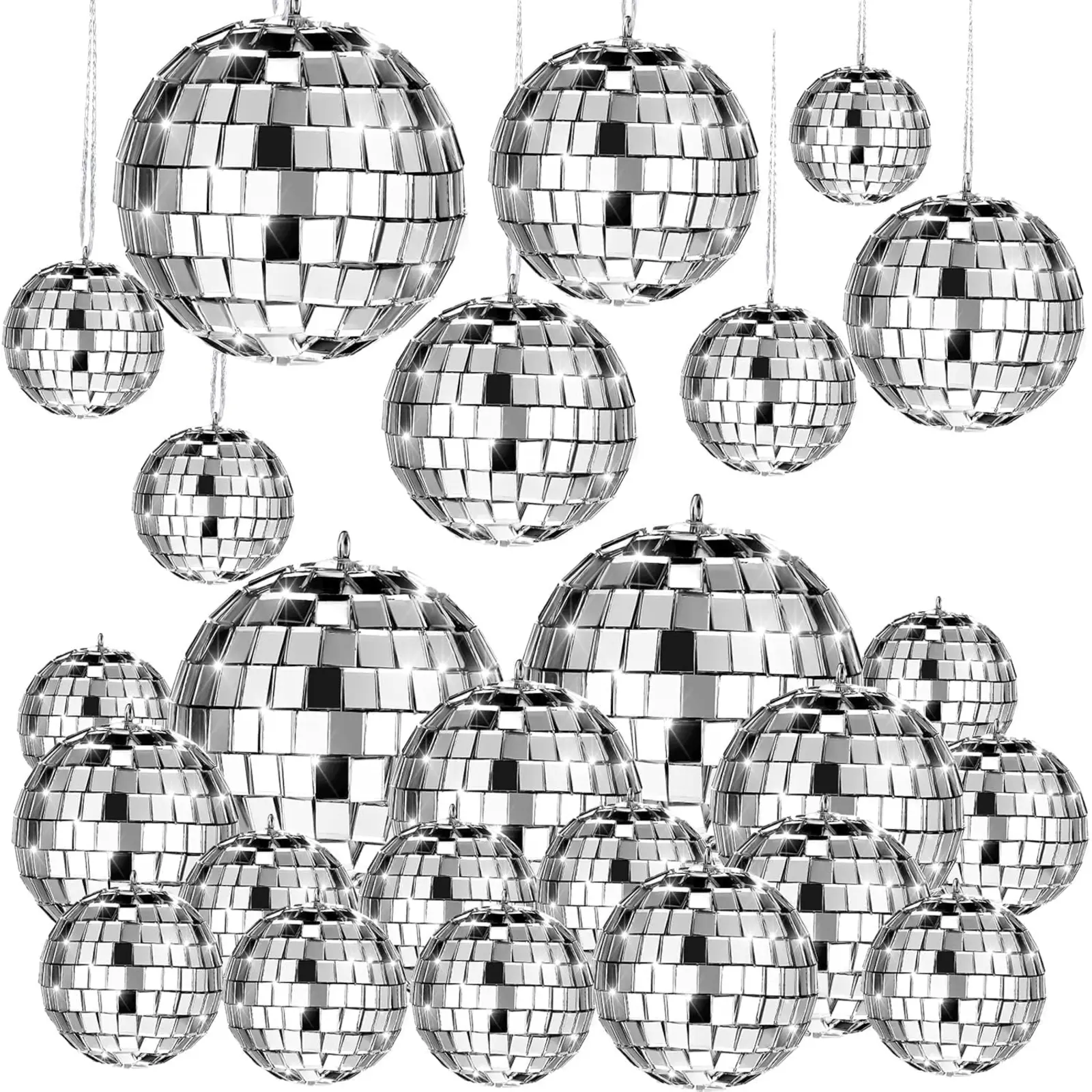 20 Pcs Glass Disco Balls Mirror Ball for Flies Assorted Hanging Mini Reflective with Rope for Halloween DIY Wedding Music Prom Props