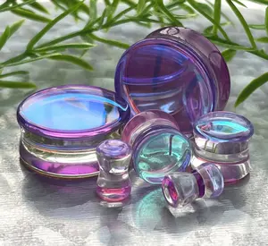 PAIR of Beautiful Mermaid Iridescent Glass Double Flare Plugs PAIR of Beautiful Mermaid Iridescent Glass Double Flare Plugs