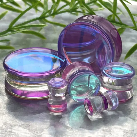 PAIR of Beautiful Mermaid Iridescent Glass Double Flare Plugs