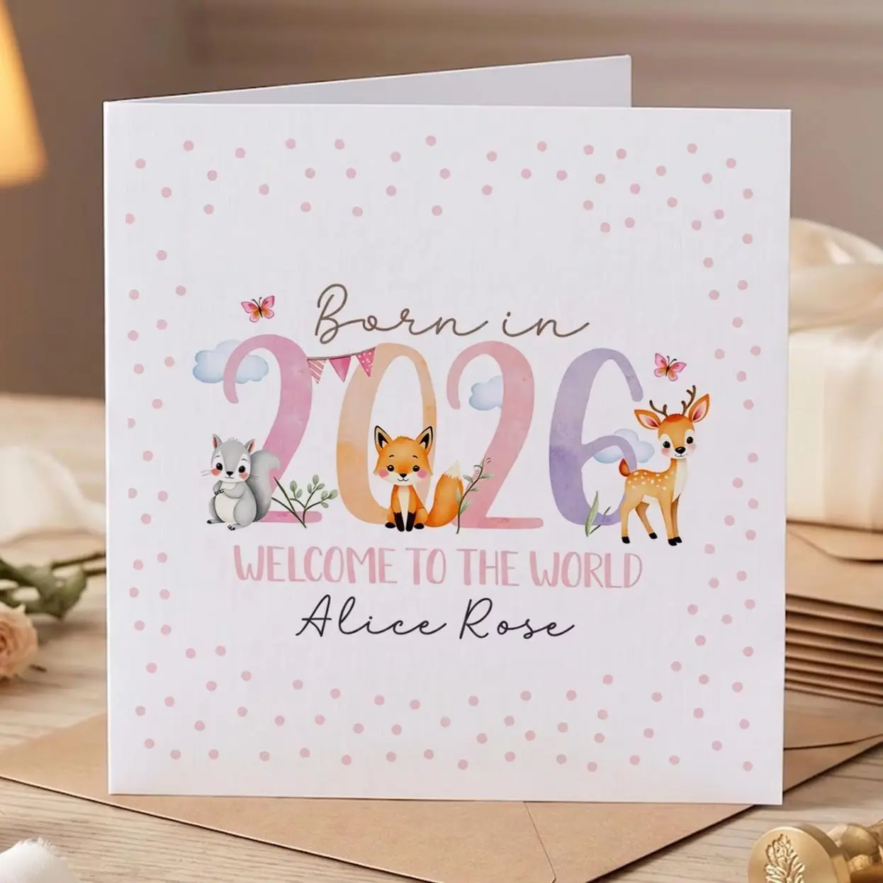 Personalized New Baby Card, Woodland Animal Baby Announcement Card, New Parents Gift, Baby Shower Card, Cute Nursery Style Greeting