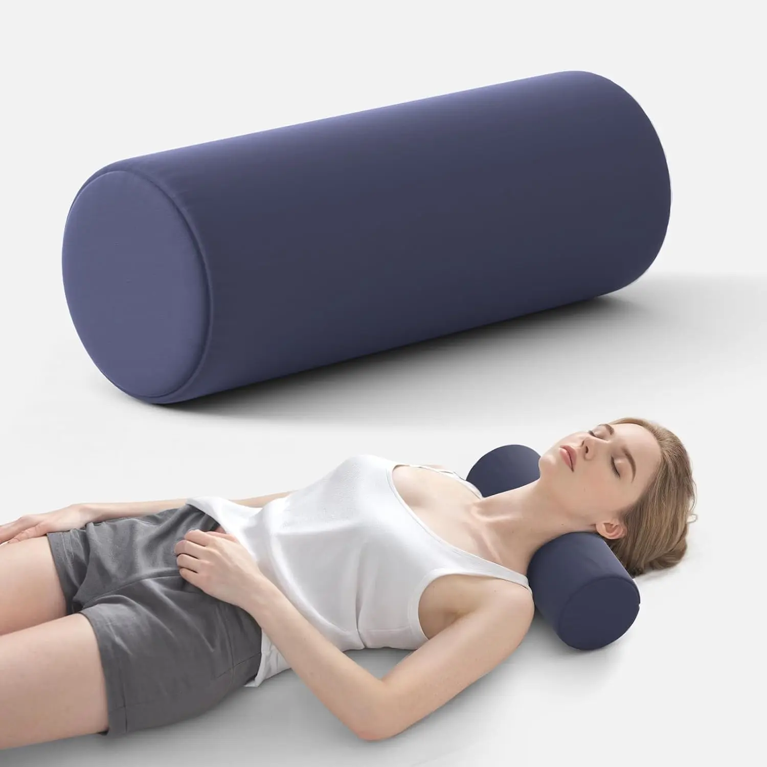 Neck Roll Pillow for Neck Pain Relief - Memory Foam Neck Support Pillow for Bed | Round Neck Pillow for Sleeping, 15.7 * 6 * 6inch ((Navy-Blue)