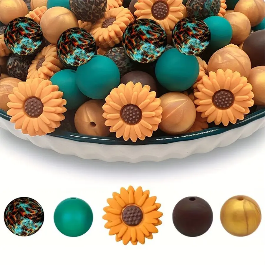 50-Piece Leopard-Pattern Daisy Silicone Bead Set for Jewelry DIY, Decorative Beads for Making Keychains, Stringing Pens, Necklaces & Other Jewelry Accessories, Bead Sets