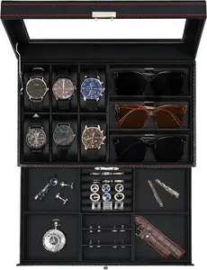 Jenseits Watch Box for Mens Jewelry Box, 6 Slot Watch Case & 3 Slot Sunglasses Organizer, Lockable PU Leather Jewelry Organizer Watch Display Storage W/Drawer for Rings Bracelets, Gift for Men Women Jenseits