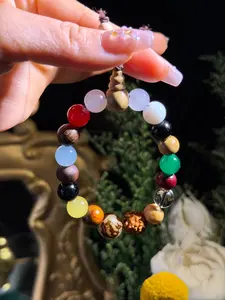 1pc 18 Seeds Natural Stone Beaded Bracelet, Handmade Lucky Charm Wrist Mala, Retro Ethnic Pattern, All Seasons, Artificial Crystal Chain