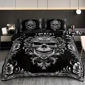 3pcs Dark Skull Pattern Decorative Bedding Set (1 Fitted Sheet + 2 Pillowcases), High Definition Print, Home Dormitory Use, One Size Fits All