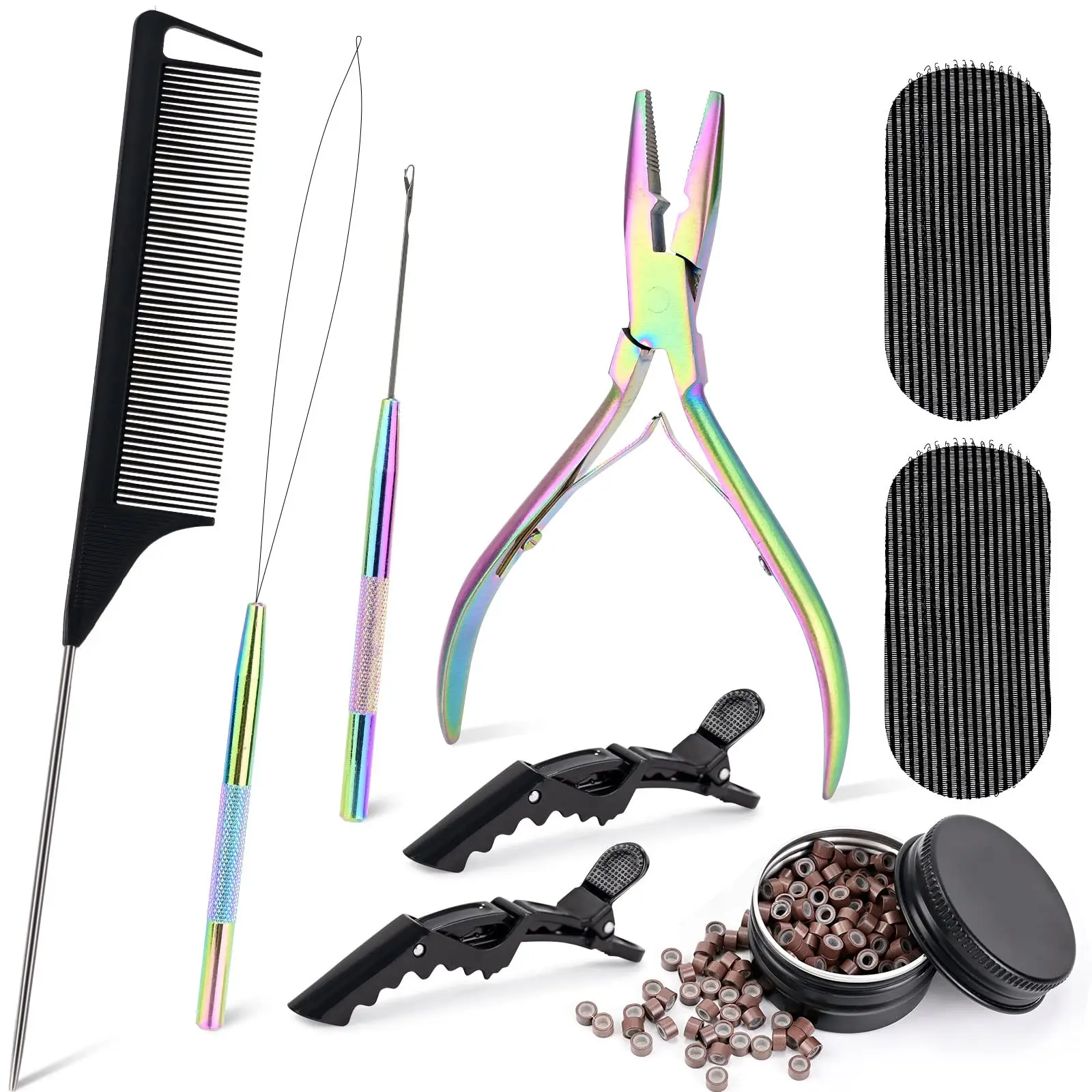 Hair Extension Tool Kit  Links Beading Pliers Loop Pulling Hook Threader Bead Device And 300 Silicone Beads Styling Accessories Rings Tools