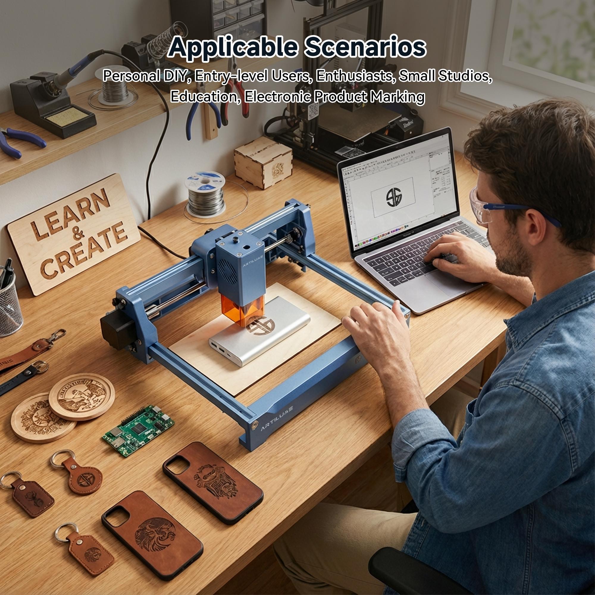 ARTILUME U1 Laser Engraver & Cutter, High-Precision 12000mW Blue Laser, App Control Supported, Ideal for Wood, Metal, Acrylic, Leather & More