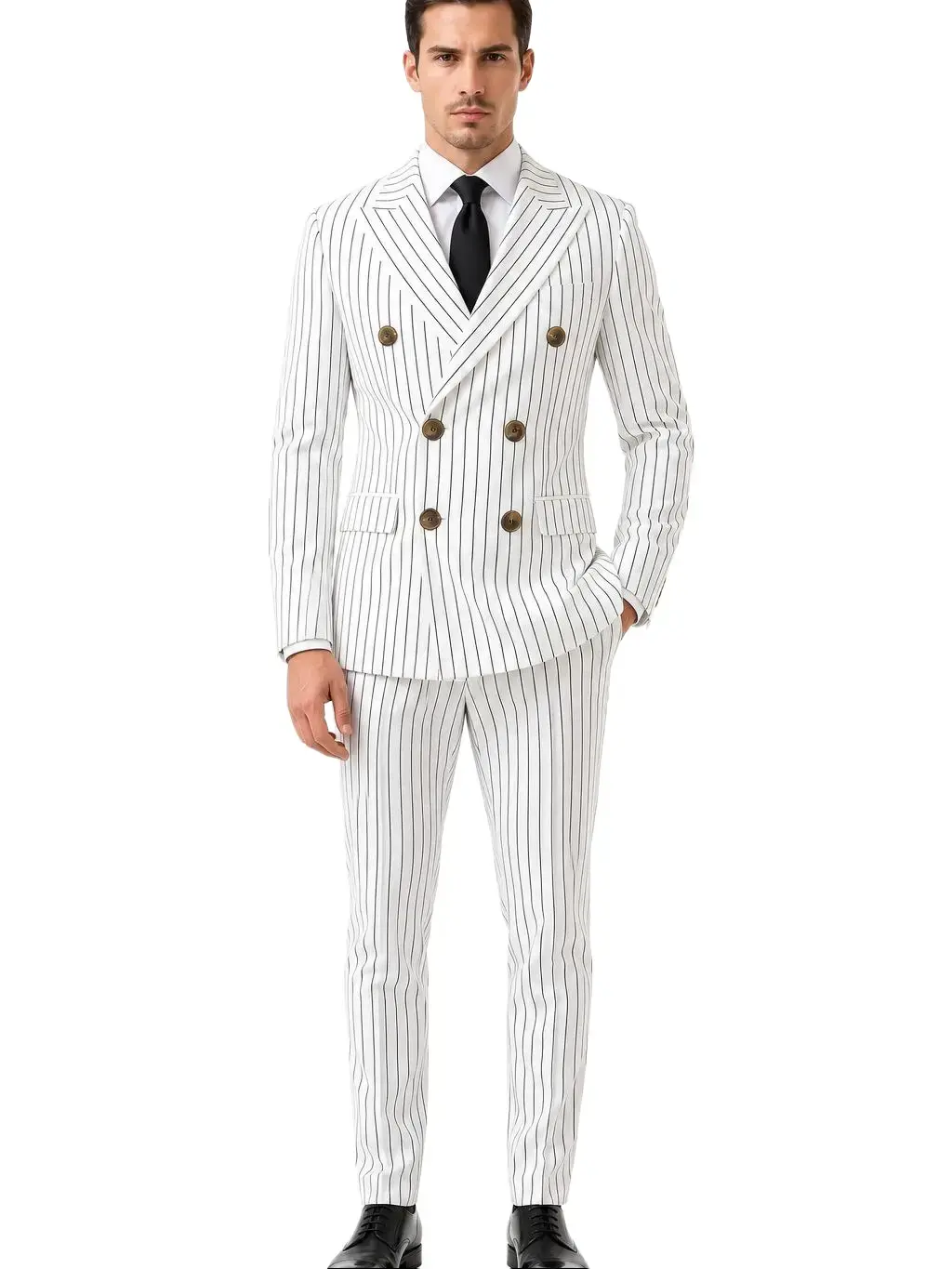 Men’s Striped Double-Breasted 2-Piece Formal Suit Set - Peak Lapel Blazer & Pants, European-Style Fitted Menswear for Groom, Business Banquet (Sizes S-2XL) Office Elegant Fabric