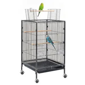 Heavy Duty Metal Bird Cage with Play Open Top - Spacious Flight Cage - Easy Assembly & Cleaning - Rolling Stand - Ideal for Parakeets, Canaries, Lovebirds, Small Quaker, Cockatiels, Budgies - Bursting Black