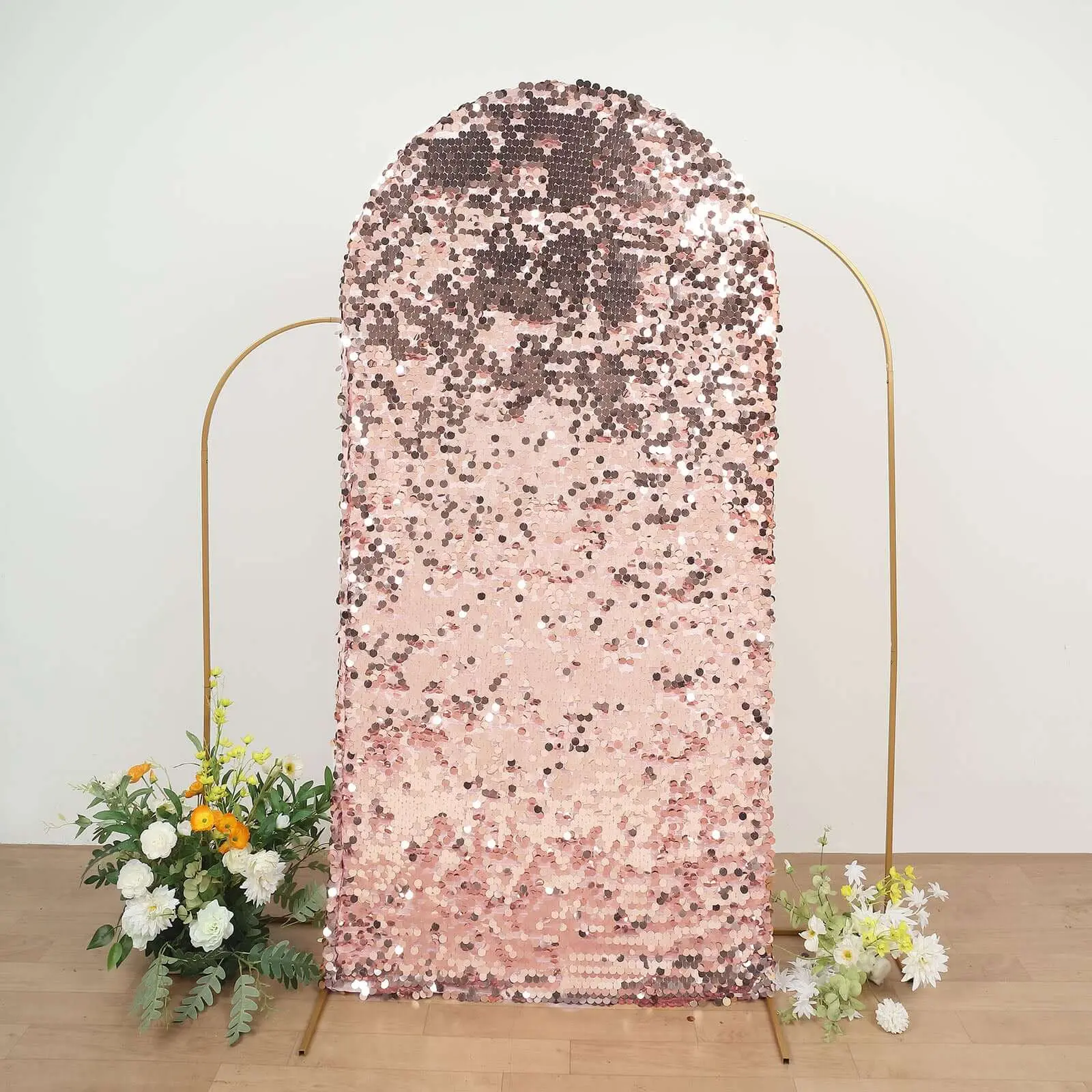 7ft Sparkly Rose Gold Double-Sided Big Payette Sequin Fitted Wedding Arch Cover, Party Decor Ceremony Sequin Decoration for Round-Top Chiara Backdrop Stand, Wedding Arched Accent