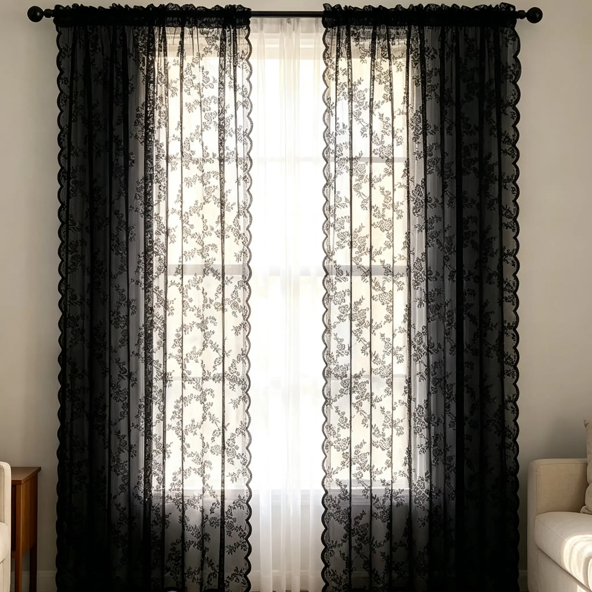 Vintage Lace Curtain 2 Panels, Floral Embroidered Sheer Drape, Semi-Transparent Lightweight Curtain for Balcony Cafe Wedding Decor