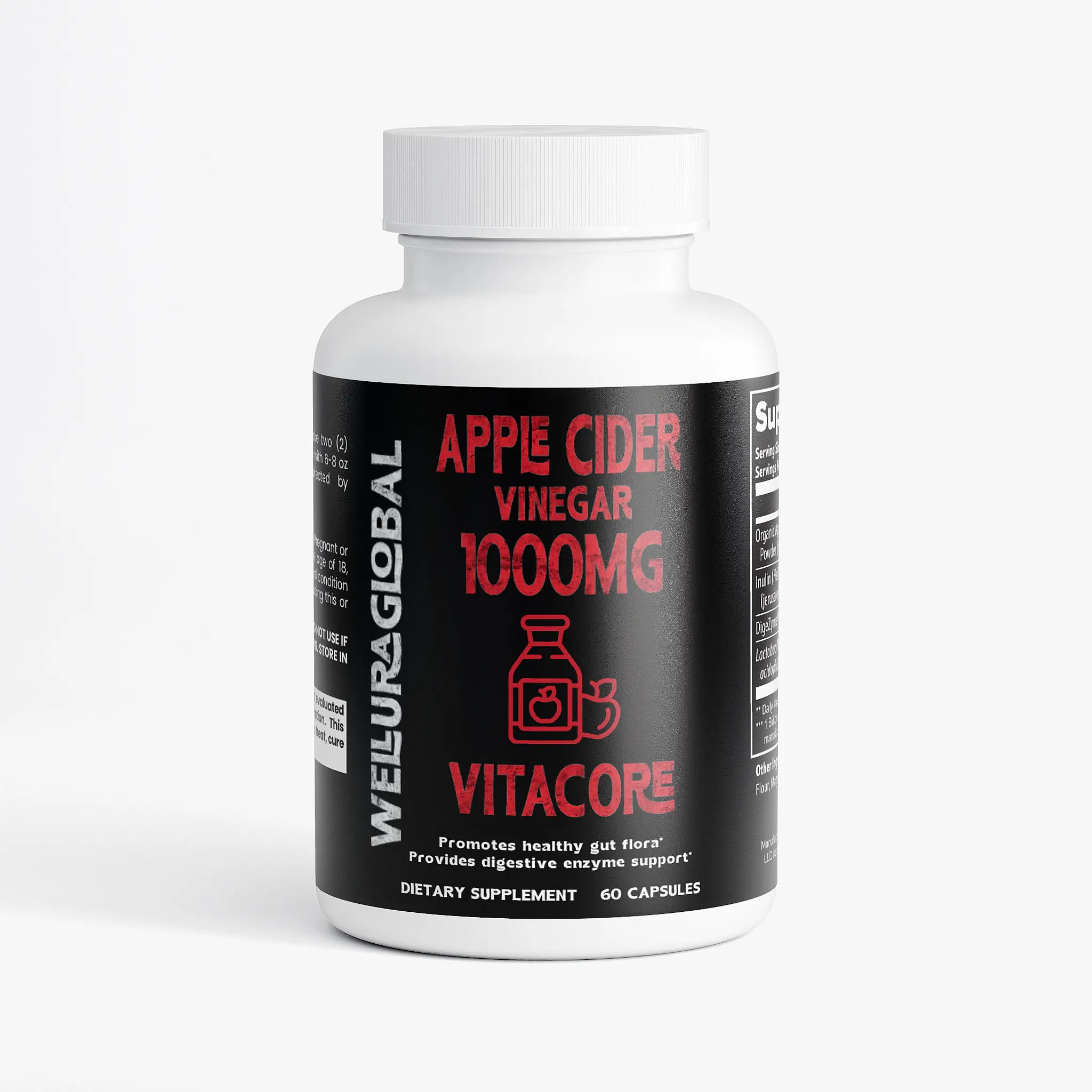 Wellura VITA CORE Organic Apple Cider Vinegar Powder with Inulin & Lactobacillus Acidophilus LA85 for Digestive Health 60 Capsules - Healthcare