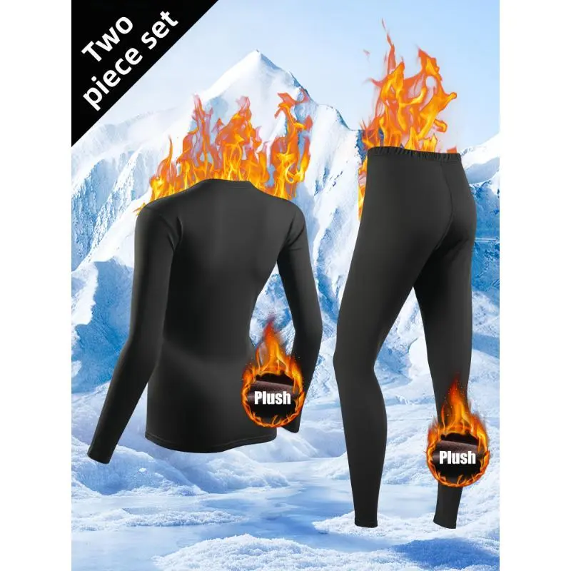 Women'S 2pcs Thermal Underwear Set - Plush Lined Long Sleeve Top and Pants, 90% Polyester 10% Elastane, Medium Stretch Knit, Solid Color - Winter Base Layer Ski Wear Fabric Womenswear Comfort Basic Crewneck Minimalist Round Neck Women'S 2pcs Thermal Underwear Set - Plush Lined Long Sleeve Top and Pants, 90% Polyester 10% Elastane, Medium Stretch Knit, Solid Color - Winter Base Layer Ski Wear Fabric Womenswear Comfort Basic Crewneck Minimalist Round Neck