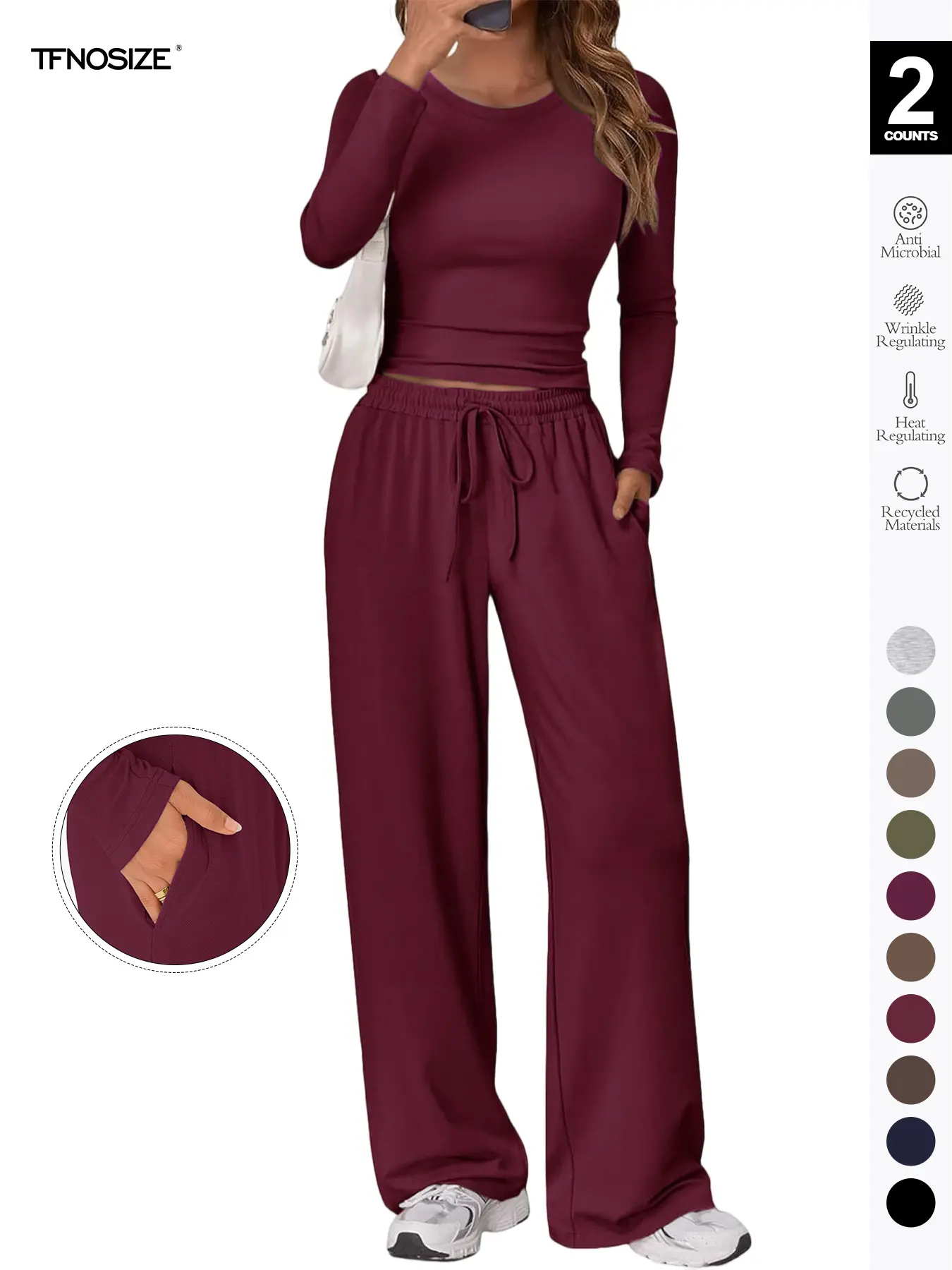 Women's 2 Piece Matching Loungewear Set, Long Sleeve Slightly Crop Fitted Top & Wide Leg Drawstring Pants, Casual Sweatsuit for Fall & Winter Women's 2 Piece Matching Loungewear Set, Long Sleeve Slightly Crop Fitted Top & Wide Leg Drawstring Pants, Casual Sweatsuit for Fall & Winter