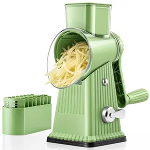 Summervibes Rotary Cheese Grater with Handle - Vegetable Shredder with 5 Well-designed Blades & Strong Suction Base,Round Mandoline Slicer & Food Chopper for Kitchen,with Blade Storage Box(Retro Green)