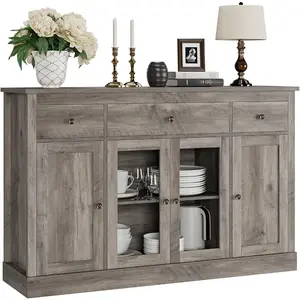 Sideboard Buffet Cabinet with Storage, 55" Large Kitchen Buffet Storage Cabinet with Drawers | Glass Doors, Modern Farmhouse Coffee Bar Cabinet, Wood Buffet Table Dining Room Cabinet, Ash GreyKitchen cabinets and dish cabinets