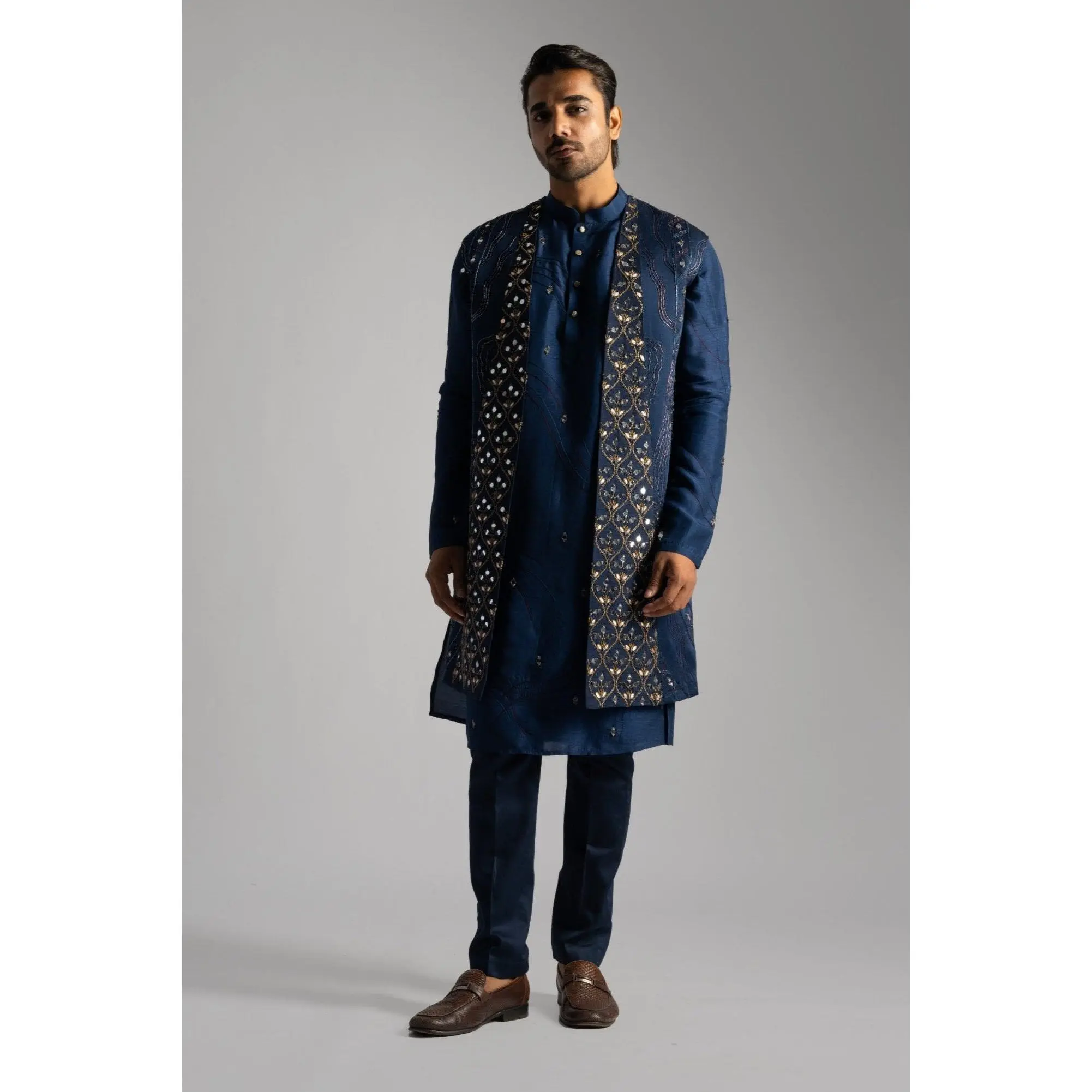 Bright blue long nehru jacket and kurta set