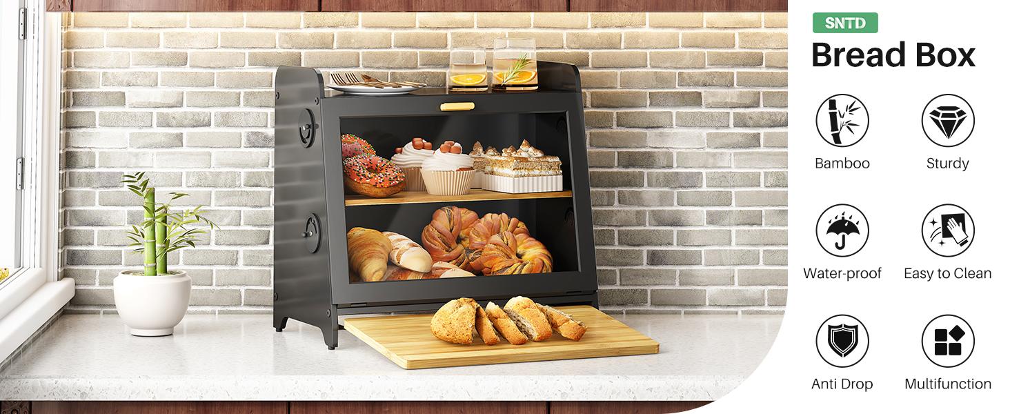 SNTD Bread Box for Kitchen Countertop, Airtight Homemade Bread Storage Container with Adjustable Vent Holes, Bamboo Cutting Board