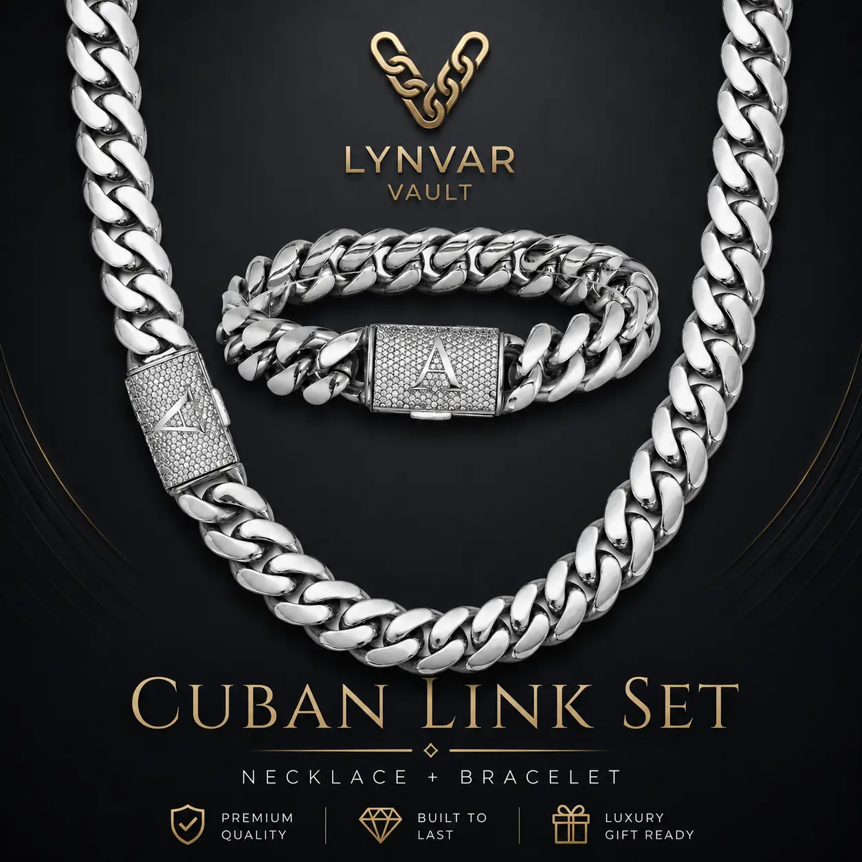 14 mm silver Cuban link necklace and bracelet set, personalized initial clasp (A–Z), streetwear to smart casual, gift ready, premium quality, built to last, matching jewelry set for men built to last