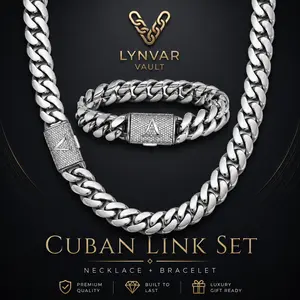 14 mm silver Cuban link necklace and bracelet set, personalized initial clasp (A–Z), streetwear to smart casual, gift ready, premium quality, built to last, matching jewelry set for men built to last