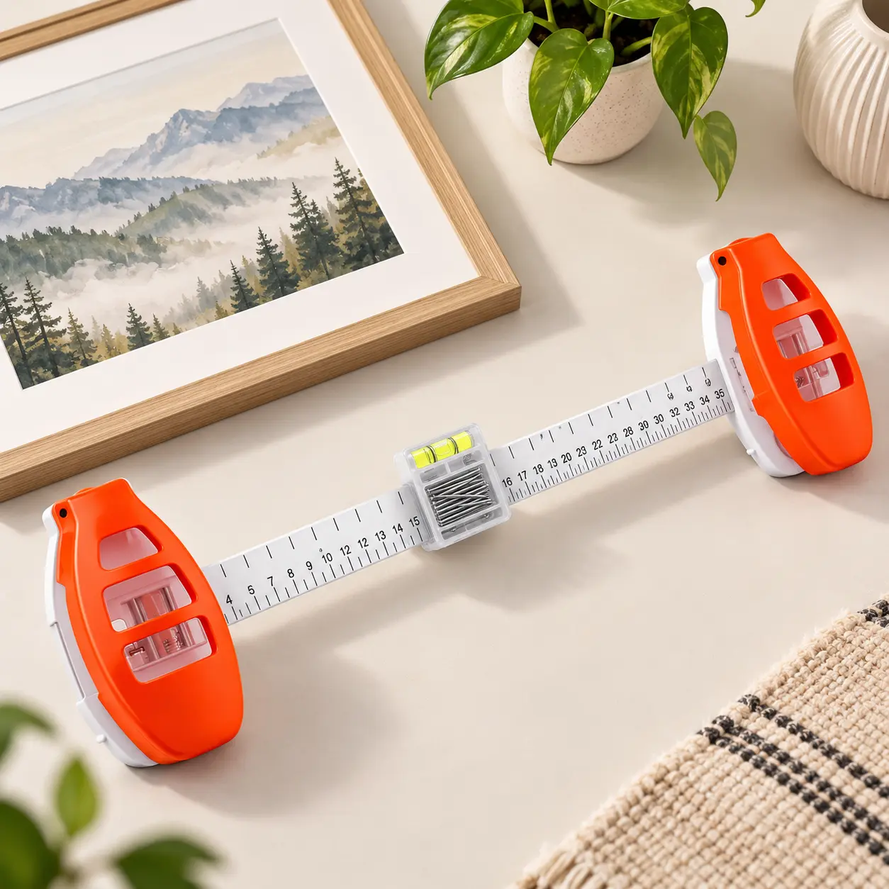 Plastic Picture Hanging Tool - Multifunctional Professional Kit with Level, In/cm Ruler, Ruler-Guided Hang, Precise Placement, Easy Centering for Drywall, Wood Walls, Home Wall Decor