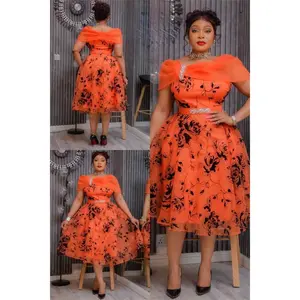 Orange Off-Shoulder Embellished Twirl Skater Midi Dress Wedding Guest Cocktail Party Dinner Birthday Photoshoot
