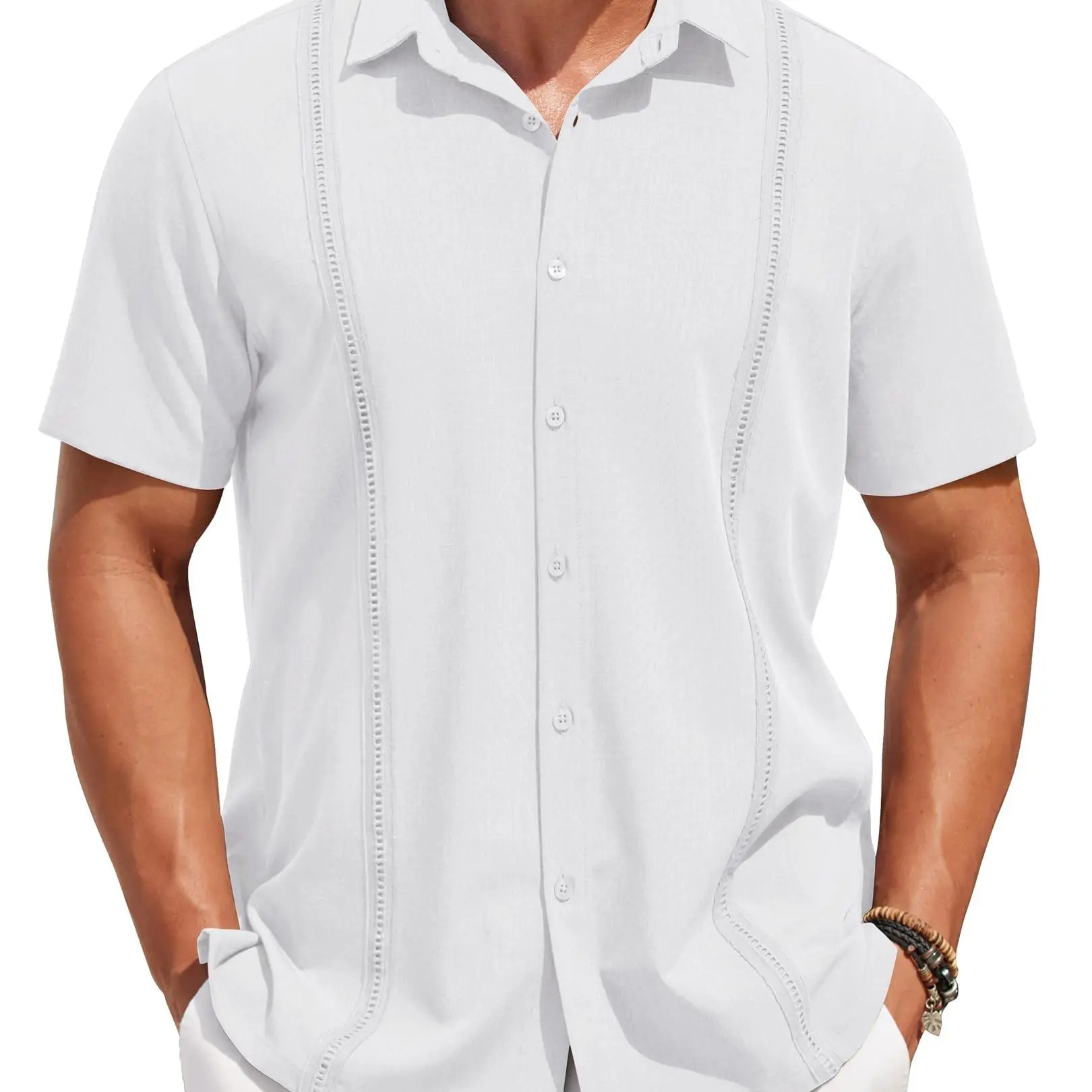 Coofandy Men's Cuban Guayabera Shirt, Casual Pleated Button Down Summer Tops in Soft Fabric with Straight Hem