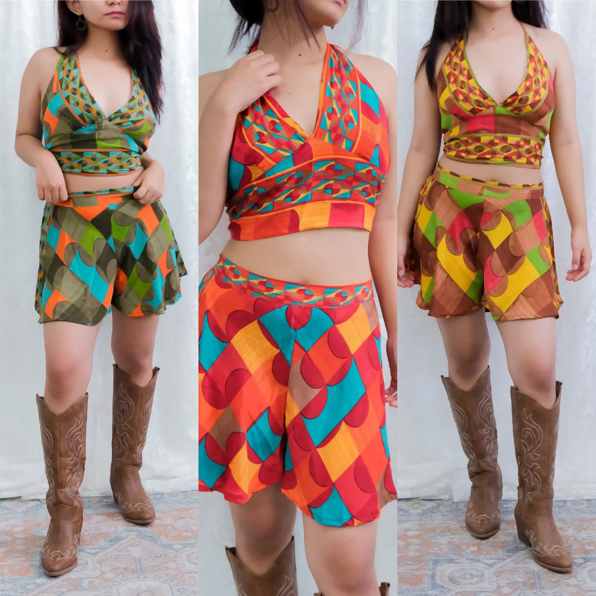 Boho Two Piece Matching Shorts with Halter Top, Retro Vibes, Hippie Outfit, Free Spirit Shorts with Backless Top, Bohemian Festival Fashion