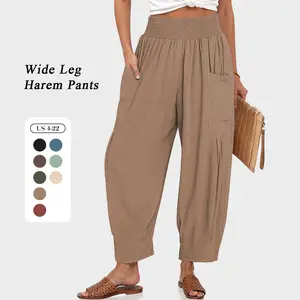 TARSE Women Linen blend Boho Wide Leg Pants Casual Loose High Waist Cargo Harem Work Pants Baggy Travel Barrel Vacation Trousers with Pockets