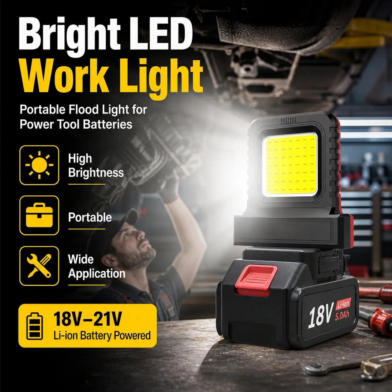 Cordless LED Work Light for 18V-21V Li-ion Batteries, Portable Power Tool Light Compatible with Makita Milwaukee DeWalt Bosch, Jobsite Workshop Lighting