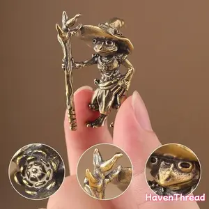 Vintage Brass-Bronze Frog Wizard Statue Sculpture - Artistic Detailed Collectible Miniature Animal Bronze Alloy Sculptural Figurine, Rustic Golden Home Decor for Bookshelf, Collectible Figurines, Miniature Figurines