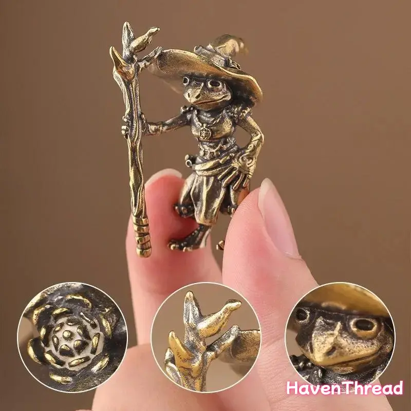 Vintage Brass-Bronze Frog Wizard Statue Sculpture - Artistic Detailed Collectible Miniature Animal Bronze Alloy Sculptural Figurine, Rustic Golden Home Decor for Bookshelf, Collectible Figurines, Miniature Figurines