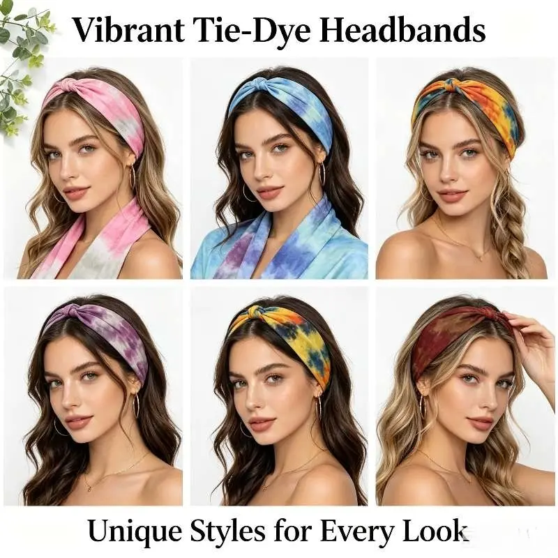 Women's 6-Pack Tie Dye Soft Wide Knotted Turban Sport Headbands - Non-Slip Elastic Fashion Breathable Workout Hairband Head Wrap for Beach, Everyday Use - Specialty Kitchen Utensils Accessory